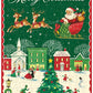 Merry Christmas Mini Puzzle illustration of Santa in his sleigh flying over a Victorian town square with a Christmas tree and people in winter clothing.