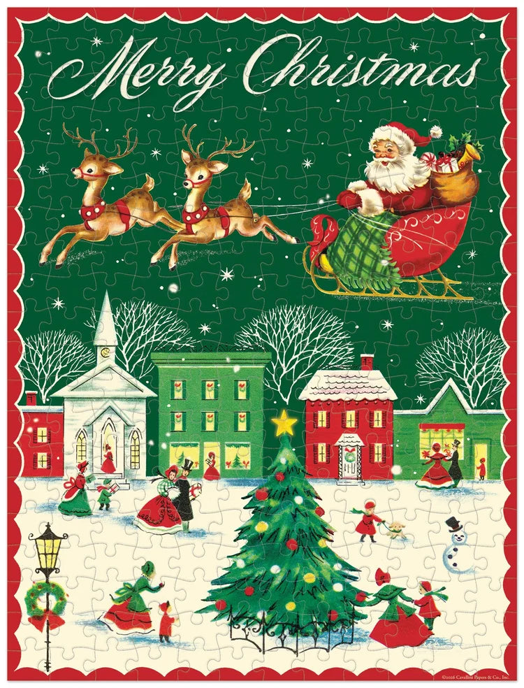 Merry Christmas Mini Puzzle illustration of Santa in his sleigh flying over a Victorian town square with a Christmas tree and people in winter clothing.