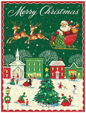 Merry Christmas Mini Puzzle illustration of Santa in his sleigh flying over a Victorian town square with a Christmas tree and people in winter clothing.