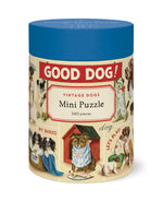 A cylindrical box labeled "Mini 240 Piece Puzzles" by Cavallini Papers and Co features charming dog illustrations—this quick, delightful puzzle makes a perfect gift for dog lovers.