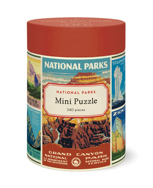The Cavallini Papers and Co Mini 240 Piece Puzzles come in a cylindrical container, featuring colorful national parks illustrations—the perfect gift for all ages to enjoy a fun puzzle activity.