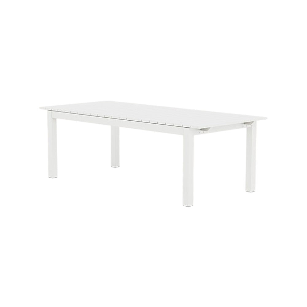 The HARBOUR OUTDOOR Pacific Aluminum Extension Dining Table in White features a rectangular design with four straight legs, crafted from powder-coated aluminum, and is displayed on a plain white background.