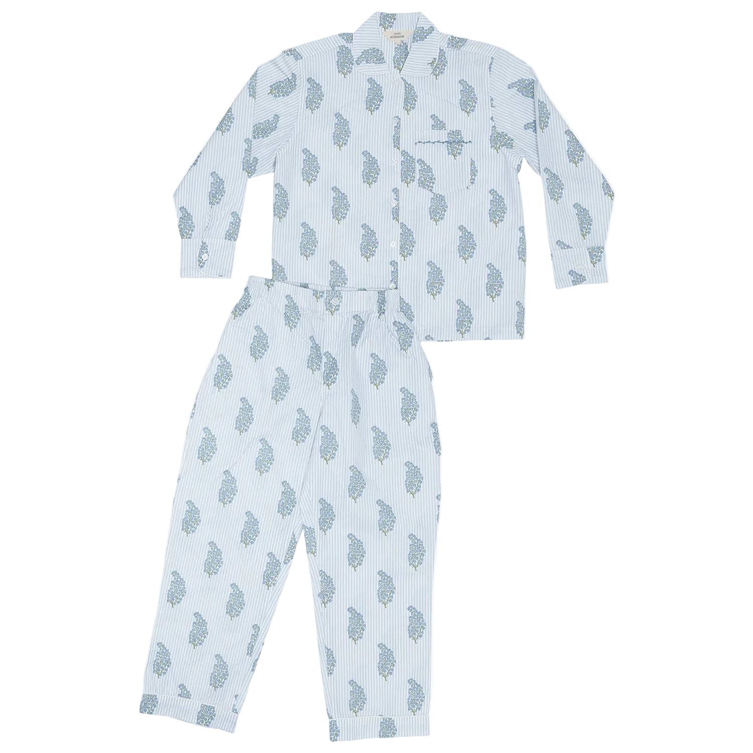 The Nirvi Pajama Set by John Robshaw features a light blue and white striped design with a repeating blue leaf pattern on both the long-sleeved top and pants. Crafted from organic cotton percale with a 400 thread count, this soft pajama set offers exceptional comfort and breathability for restful nights.