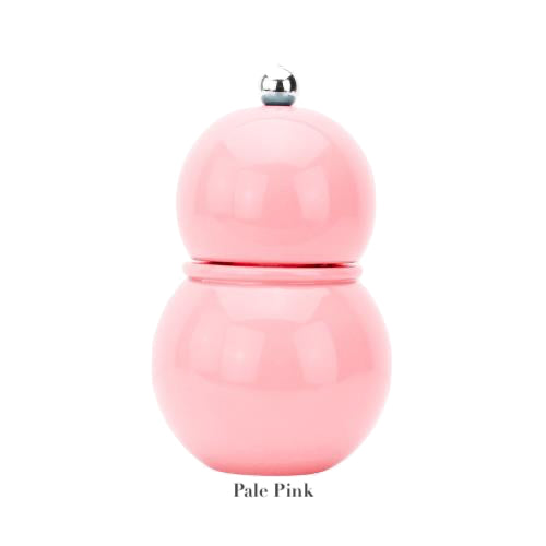 A round, glossy pale pink salt and pepper mill from the Addison Ross Chubbie Collection with a ceramic mechanism and top knob is shown on a white background. "Pale Pink" appears below it.
