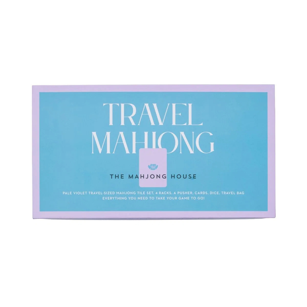 The Mahjong House Travel Mahjong Set comes in a blue and purple rectangular box with white product details, featuring lightweight tiles perfect for gaming on the go.