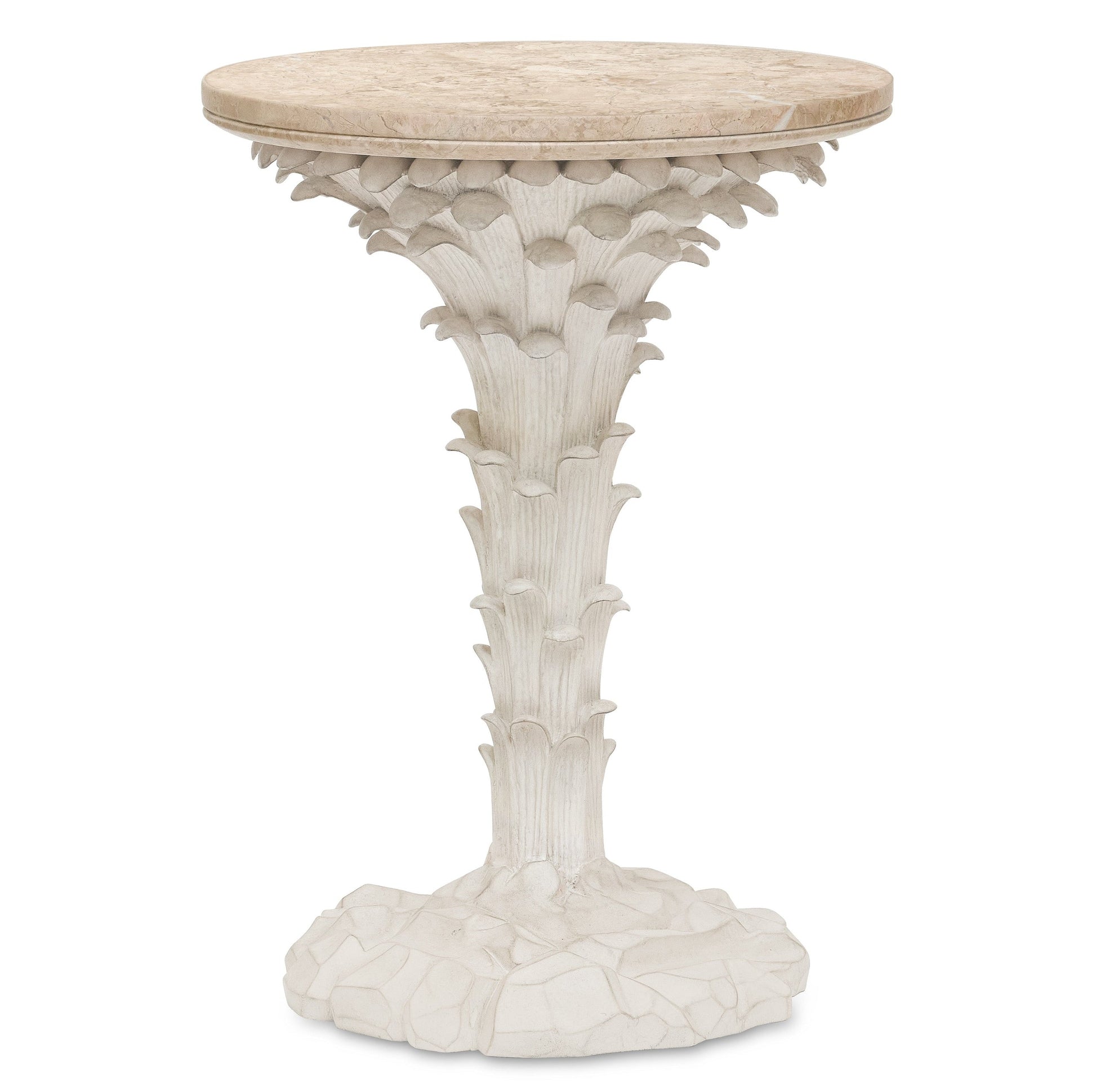 The Palm Drinks Table by Bunny Williams features a round cream stone top with a white sculpted base, elegantly designed to resemble stylized leaves and rocks.