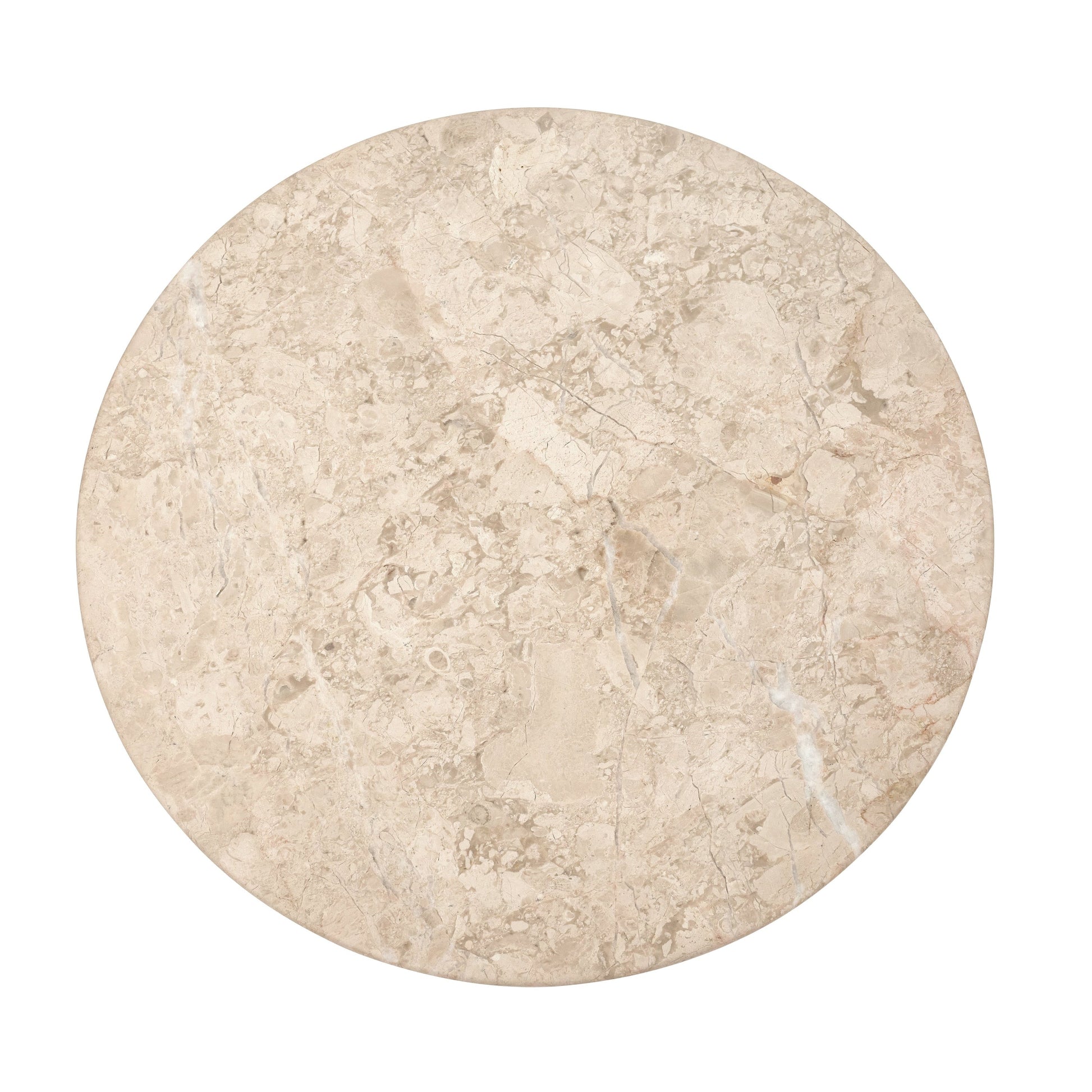 The Palm Drinks Table by Bunny Williams features a round cream stone top with natural veining and subtle color variations, shown from above on a white background to highlight its timeless design.
