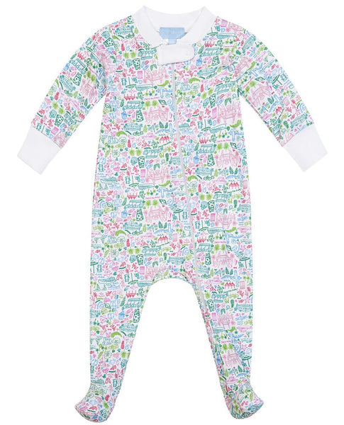 The Joy Street Zip Onesie by Joy Street is a long-sleeve, footed onesie for infants, adorned with a vibrant Palm Beach print featuring delightful illustrations. Made from 100% Pima Cotton, it includes a convenient front zipper and white cuffs.