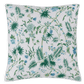 The Matouk Palmyra Bedding Collection, Emerald, features a square pillow with a white base and a botanical pattern of green leaves and blue flowers on thin vines—crafted from luxurious Egyptian cotton percale for a crisp, tropical touch.