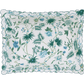 The Palmyra Bedding Collection, Emerald by Matouk features a square pillow with scalloped edges, made from Egyptian cotton percale with a green and blue botanical leaf and flower pattern on white.
