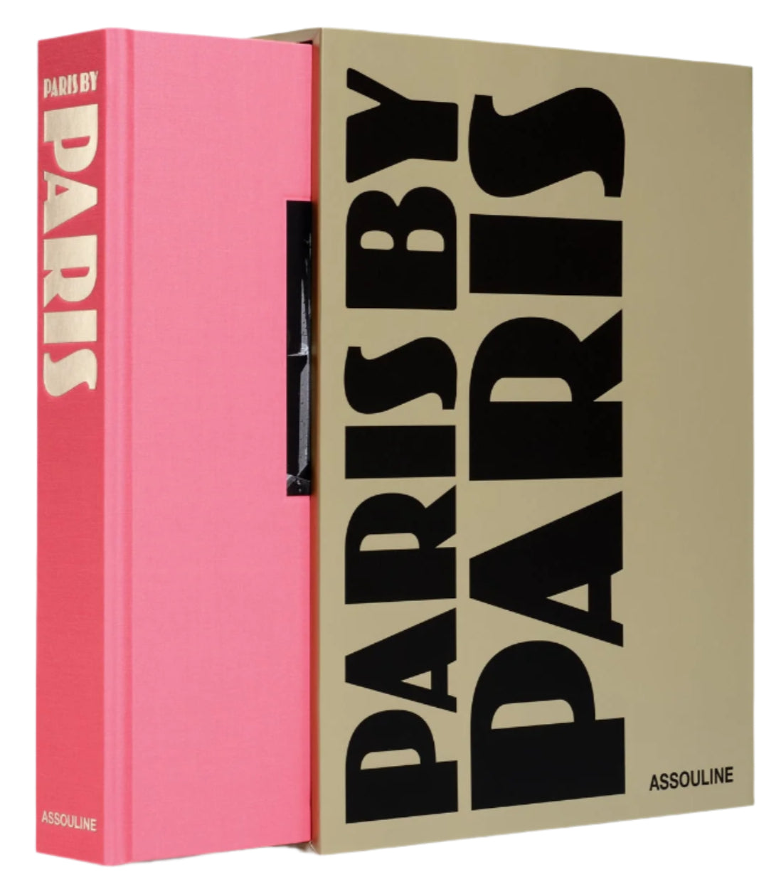 Paris by Paris," a book published by Assouline, features a pink hardcover and a beige slipcase with bold black text, capturing the essence of Paris during the Belle Époque.