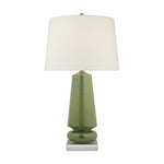 The Parisienne Lamp Collection by Visual Comfort features a green ceramic table lamp with a white drum shade and metallic base accent, casting an inviting glow, shown against a white background.