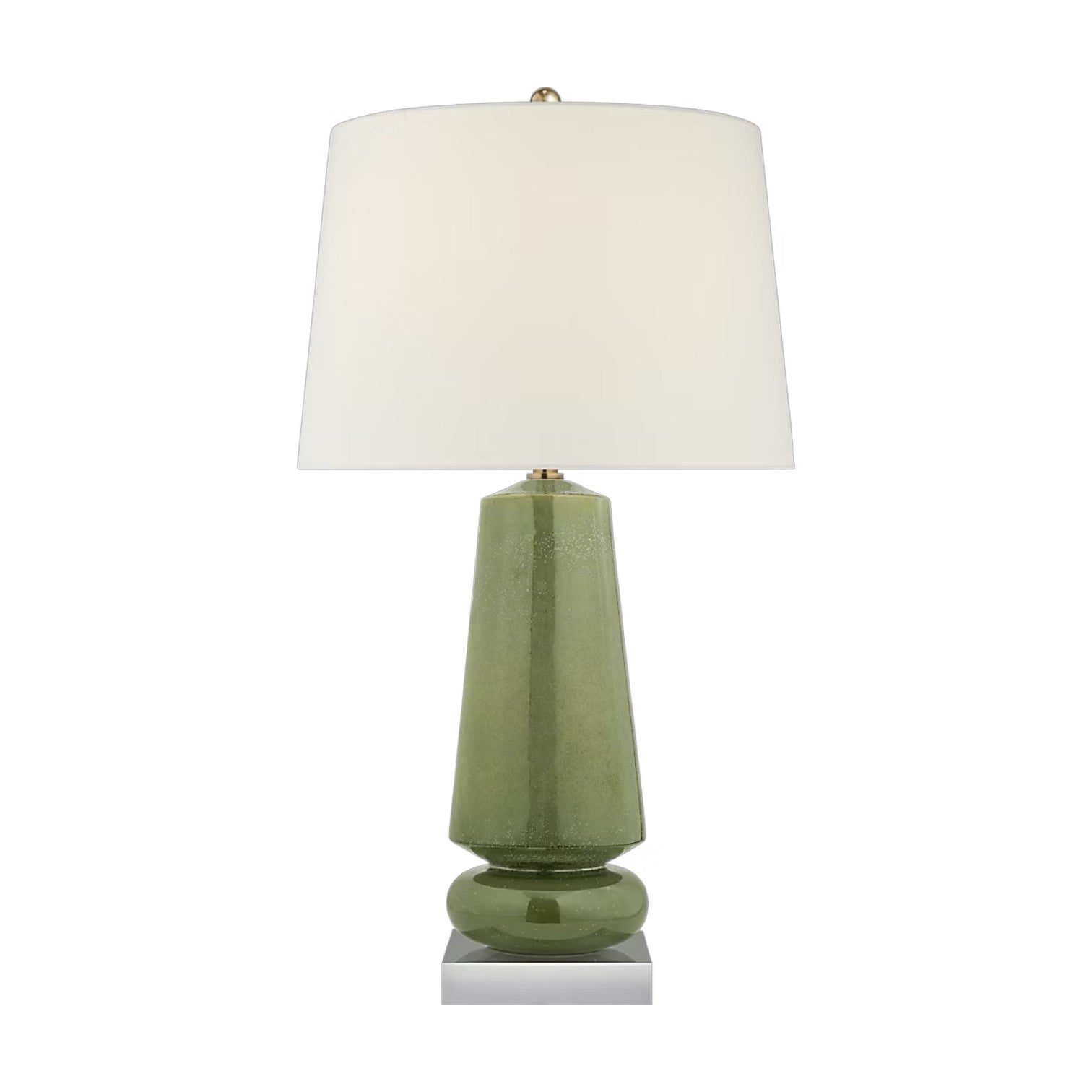 The Parisienne Lamp Collection by Visual Comfort features a green ceramic table lamp with a white drum shade and metallic base accent, casting an inviting glow, shown against a white background.