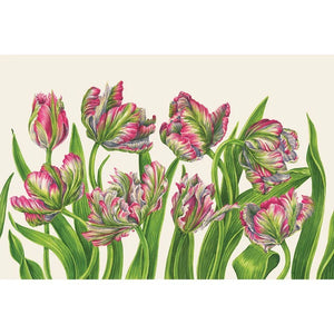 Hester & Cook’s Parrot Tulip Place Setting Collection features ruffled pink, green, and white petals with long green leaves on a light background—perfect for adding bright colors to spring tables.