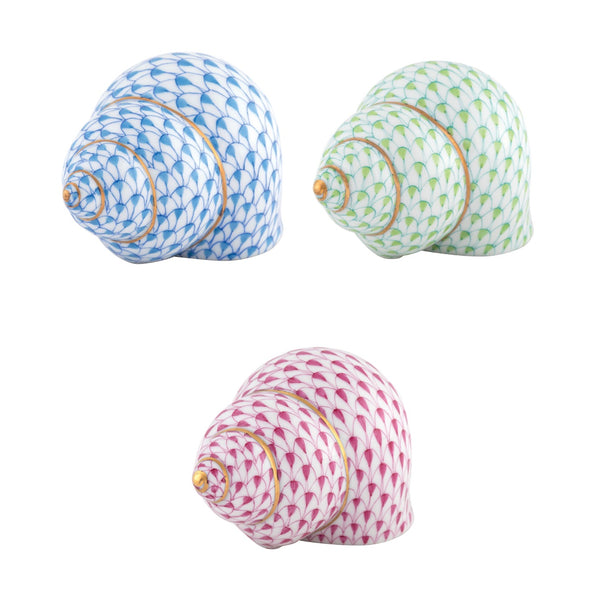 Three Herend Periwinkle Shells by Herend, each with gold accents and hand-painted fish scale designs in blue, green, and pink, are displayed against a white background.