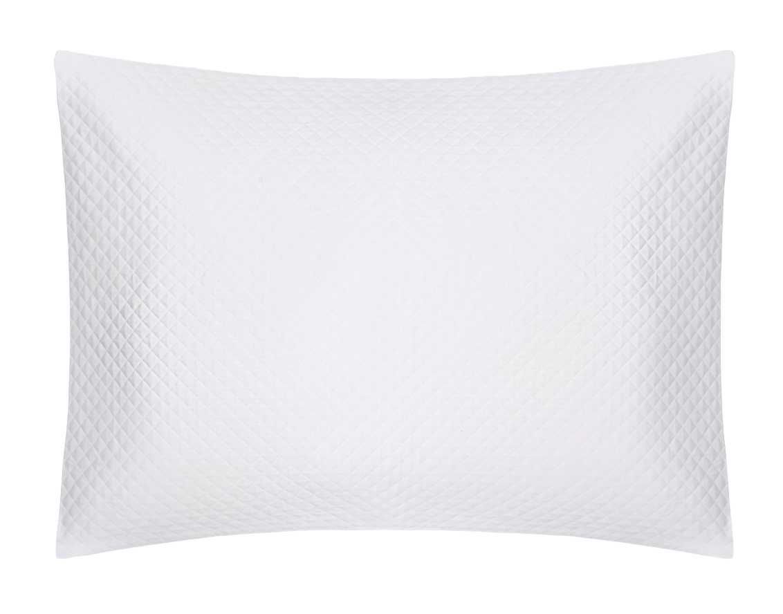 The White Petra Bedding Collection pillow by Matouk features a diamond matelassé quilted pattern and rectangular cotton design, shown against a white background.