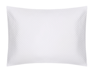 The White Petra Bedding Collection pillow by Matouk features a diamond matelassé quilted pattern and rectangular cotton design, shown against a white background.