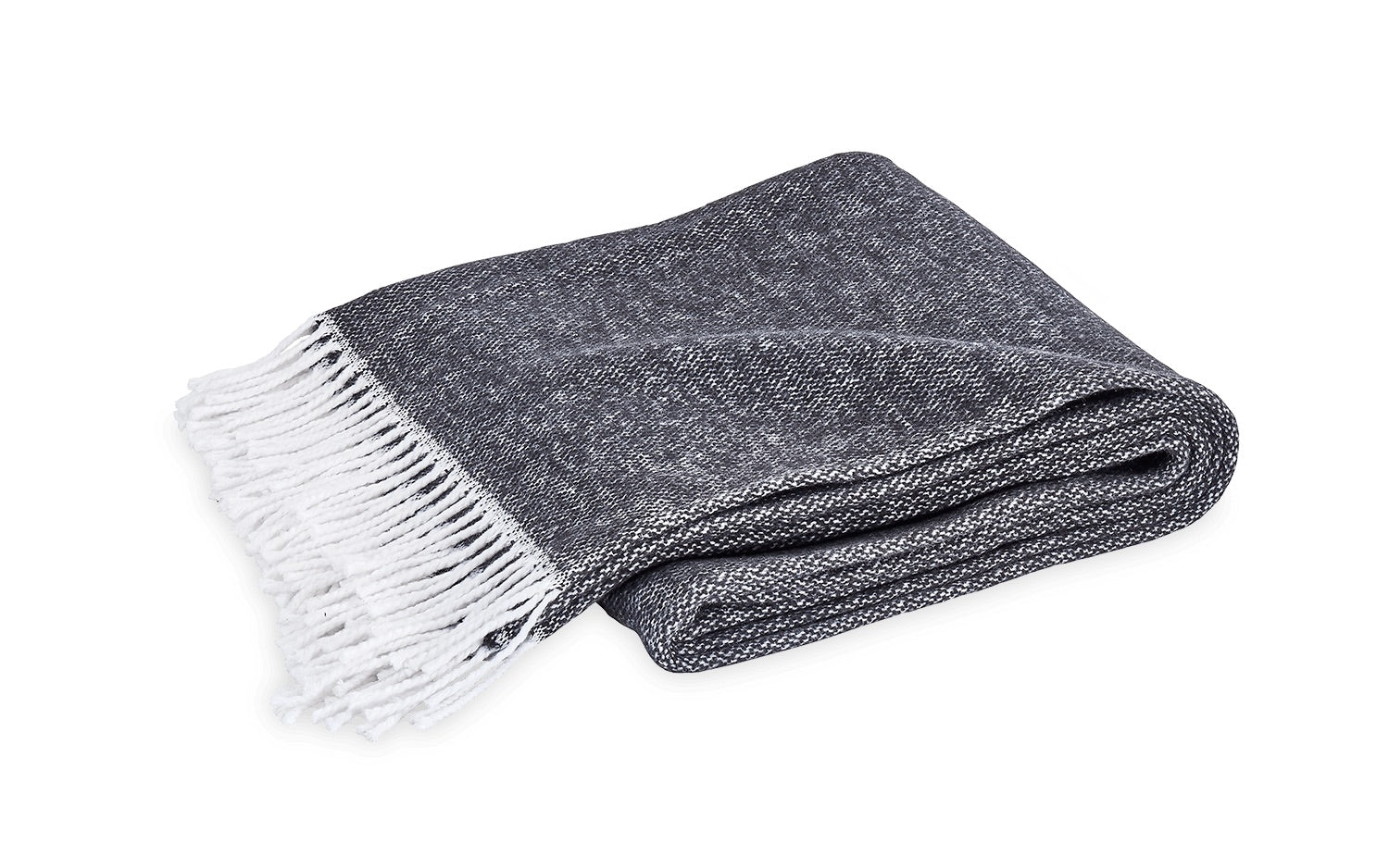 The Matouk Pezzo Throw Collection features a folded dark gray cotton throw with white fringed edges, OEKO-TEX certified and made in Portugal, shown on a white background.