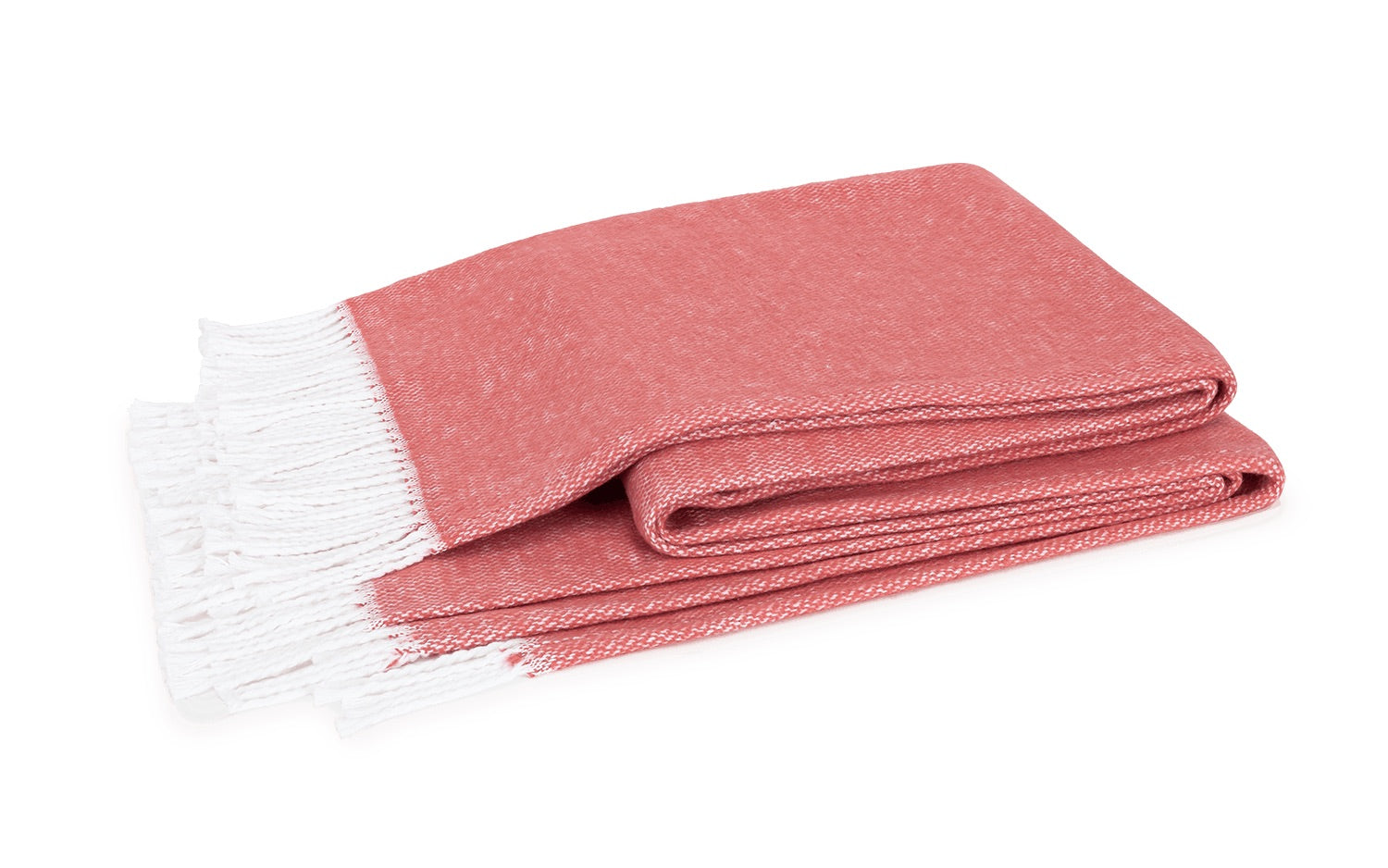 The Pezzo Throw Collection by Matouk features a folded coral pink cotton throw with white fringe at one end, OEKO-TEX certified, shown on a white background.