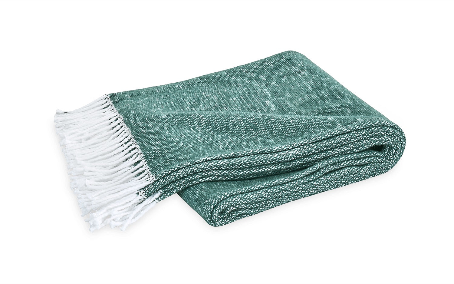 The Matouk Pezzo Throw Collection features a folded green cotton throw with white fringed edges, OEKO-TEX certified and crafted in Portugal, shown on a white background.