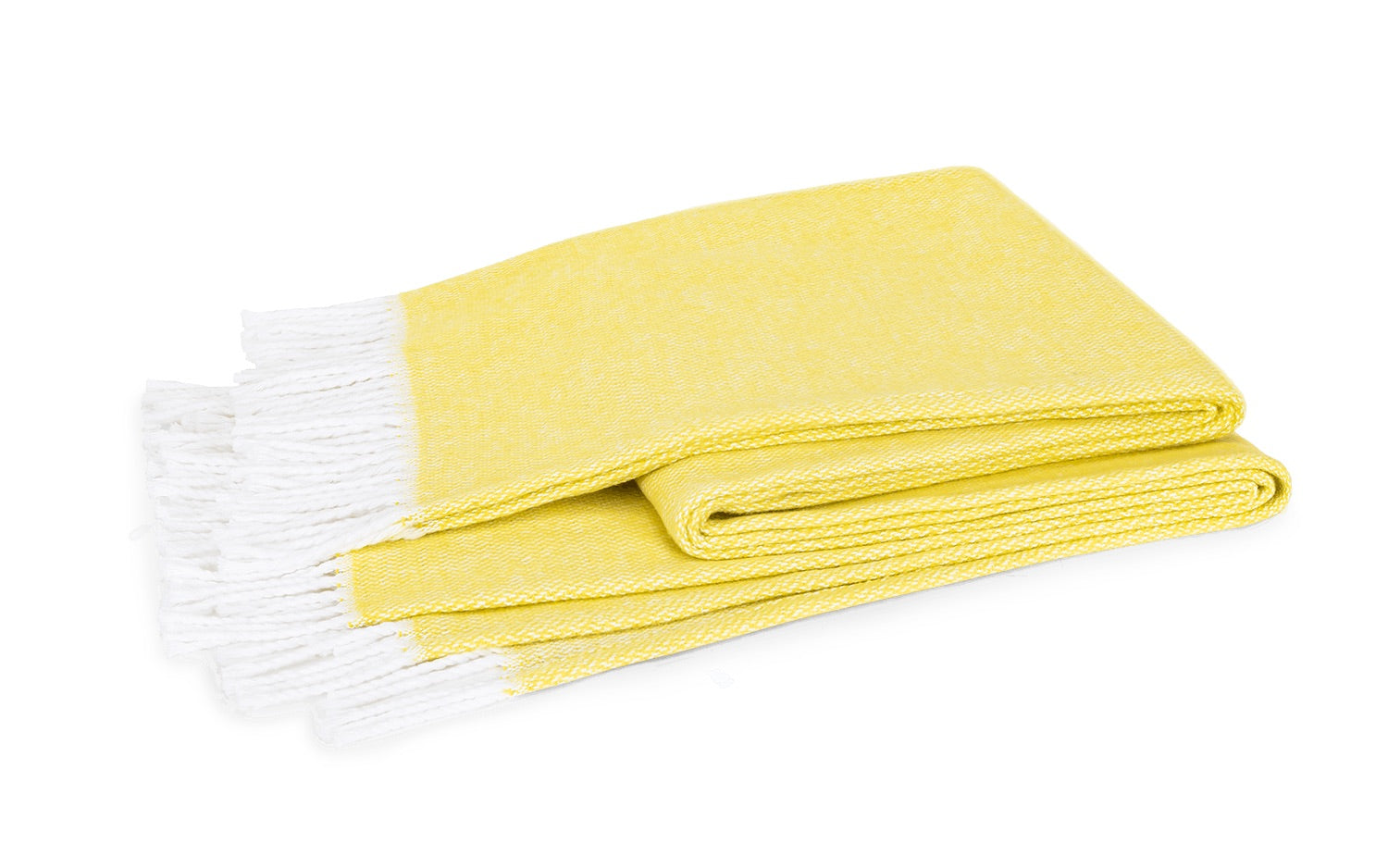 The Pezzo Throw Collection by Matouk features a folded yellow cotton throw with white fringed ends, made in Portugal and shown on a plain white background.