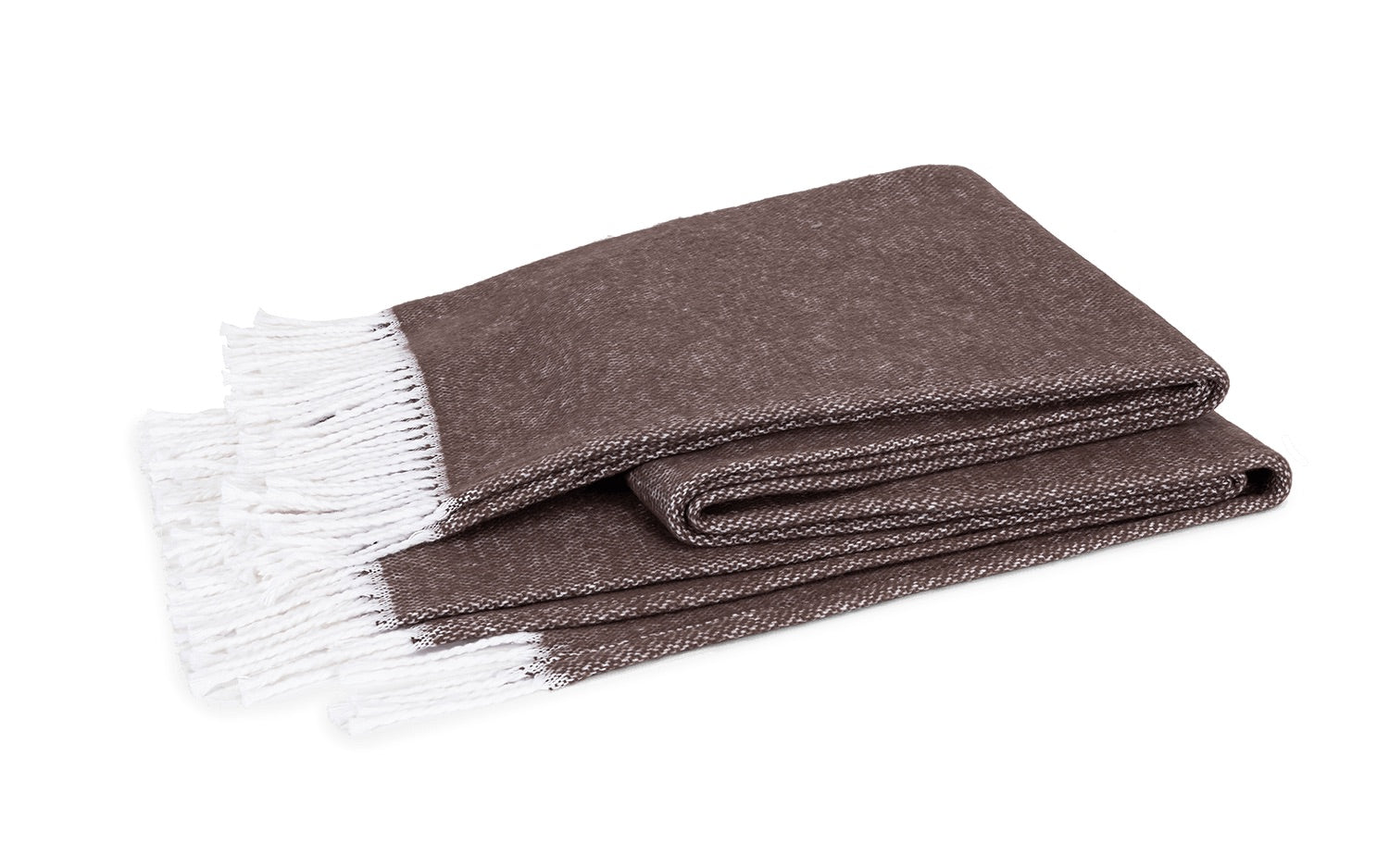 The Matouk Pezzo Throw Collection features a folded brown cotton throw blanket with white fringed edges, OEKO-TEX certified and made in Portugal, displayed on a white background.