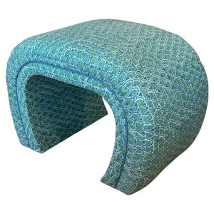 The O'Neal Small Bench by Highland House features a sophisticated, curved arch silhouette and is upholstered in green patterned Emerald Scopello Linen.
