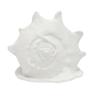 The Large Gian Conch Shell in White Porcelain by Made Goods features prominent ridges and a textured matte surface, capturing an ocean-inspired aesthetic in a sculptural form.
