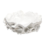 The Coco Bowl in Silver by Made Goods is a white ceramic bowl with an irregular, ruffled edge and a coral-inspired design—ideal as a decorative accent.