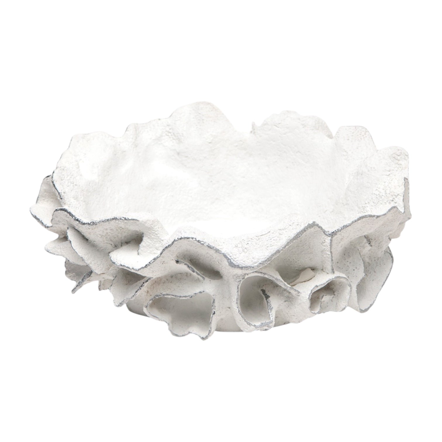 The Coco Bowl in Silver by Made Goods is a white ceramic bowl with an irregular, ruffled edge and a coral-inspired design—ideal as a decorative accent.