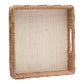 The Heather Natural Rope and Raffia Tray Collection by Made Goods features square trays with rope-wrapped edges, a beige fabric bottom, and a handle slot—ideal for adding lakeside cottage charm to your decor.