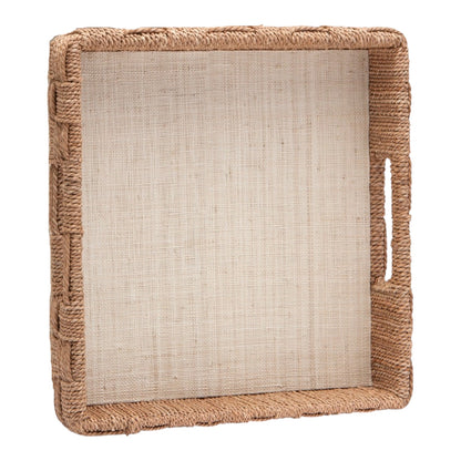 The Heather Natural Rope and Raffia Tray Collection by Made Goods features square trays with rope-wrapped edges, a beige fabric bottom, and a handle slot—ideal for adding lakeside cottage charm to your decor.