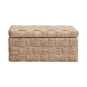 The Lilou Natural Lattice Box by Made Goods offers stylish storage with a lid, featuring a woven checkerboard pattern in natural-colored abaca rope.