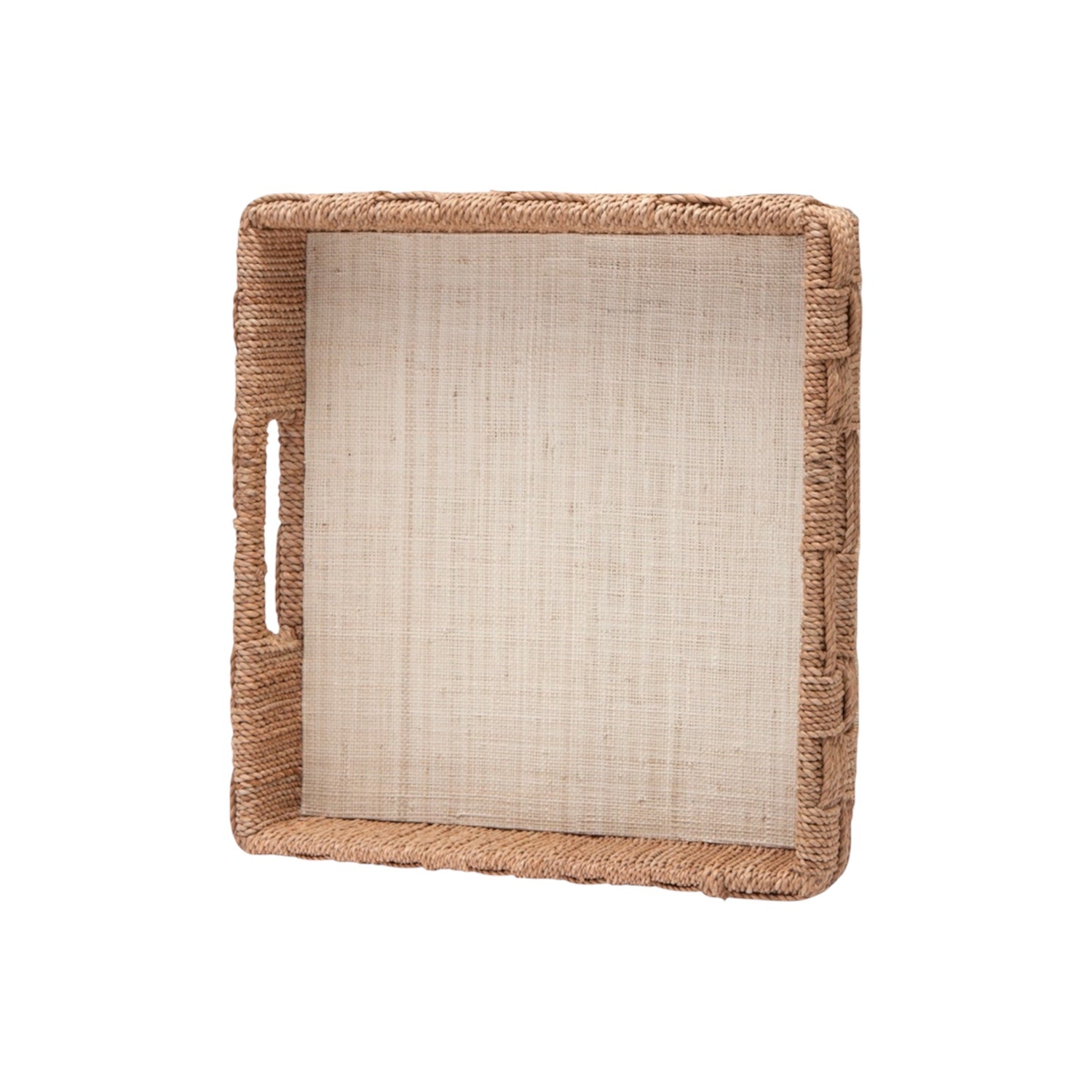 The Heather Natural Rope and Raffia Tray by Made Goods features a beige fabric base, textured rope sides, and a handle cutout—ideal for bringing lakeside cottage charm to your décor.