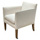 The Lee Industries Arm Chair on Casters features white upholstery, square arms, wooden legs, and front caster wheels, photographed against a plain white background.