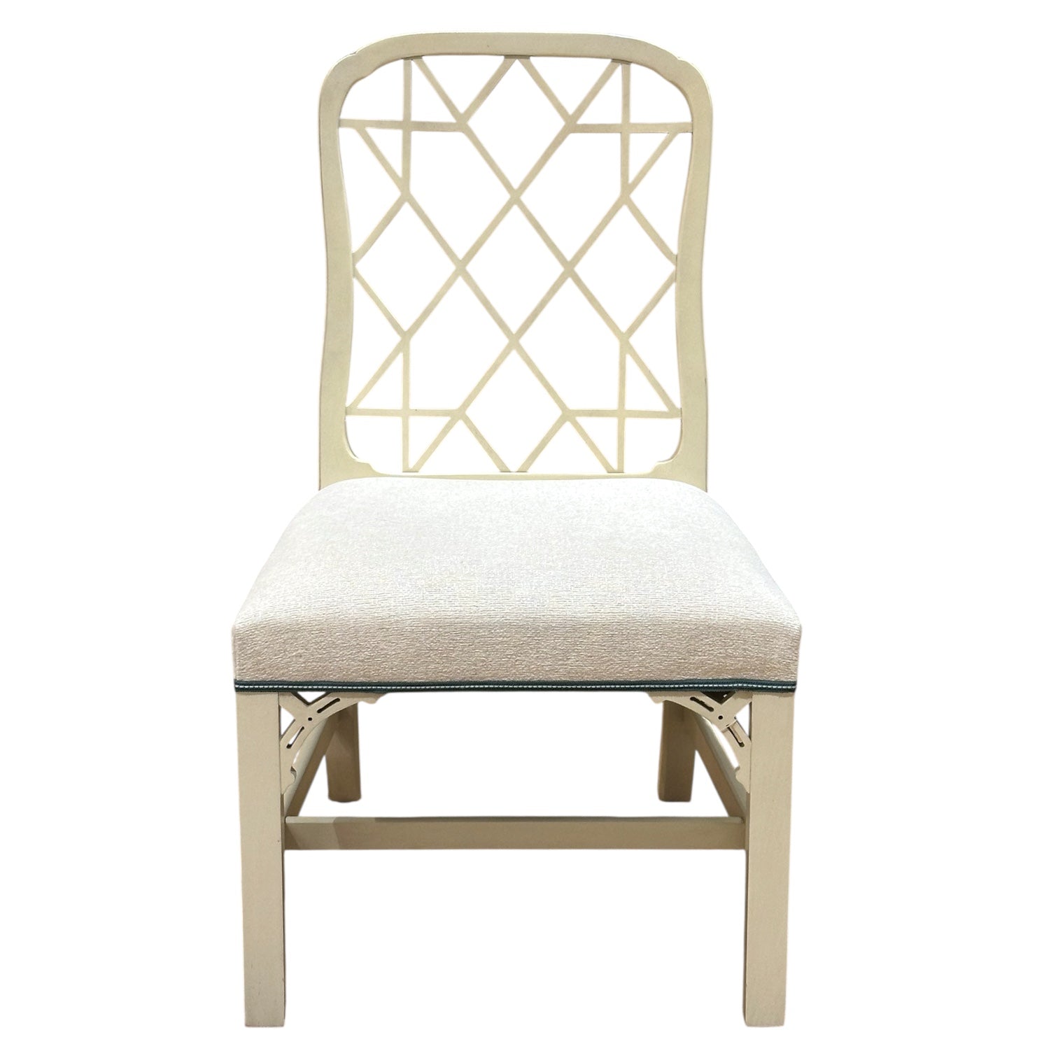 The Linwood Side Chair by Hickory Chair features a cream-colored wooden frame, a geometric lattice Chippendale-style backrest, and a light upholstered cushioned seat, shown from the front.