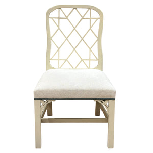 The Linwood Side Chair by Hickory Chair features a cream-colored wooden frame, a geometric lattice Chippendale-style backrest, and a light upholstered cushioned seat, shown from the front.