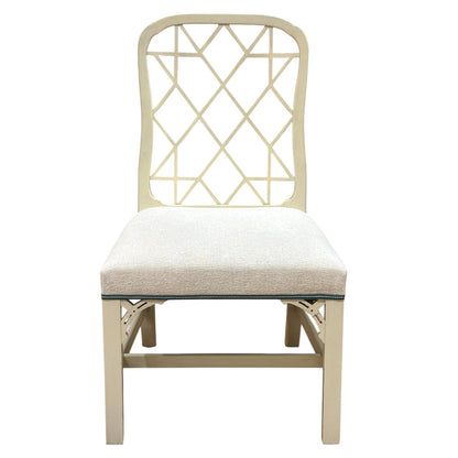 The Linwood Side Chair by Hickory Chair features a cream-colored wooden frame, a geometric lattice Chippendale-style backrest, and a light upholstered cushioned seat, shown from the front.