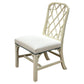 The Linwood Side Chair by Hickory Chair features a white wooden frame, lattice-style backrest, and padded upholstered seat—perfect for classic dining.