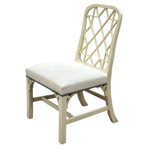 The Linwood Side Chair by Hickory Chair features a white wooden frame, lattice-style backrest, and padded upholstered seat—perfect for classic dining.