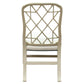 The Linwood Side Chair by Hickory Chair features a beige wooden frame, geometric lattice backrest design, and padded seat, as seen from the rear.