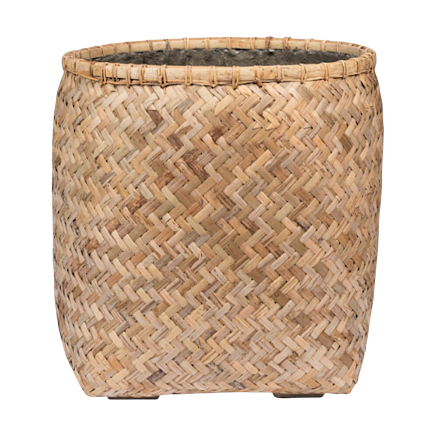 The PotteryPots Zayn Round Bamboo Planters feature a natural-colored chevron pattern, ideal as eco-friendly indoor plant pots or planters, shown on a white background.