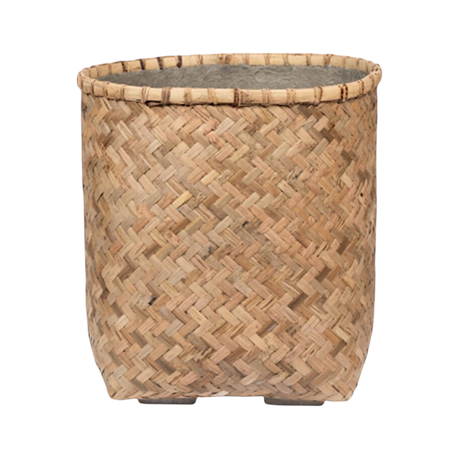 The Zayn Round Bamboo Planters by PotteryPots are eco-friendly, tan, woven baskets with a chevron pattern, small feet at the base, and a slightly uneven rim.