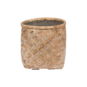 The Zayn Round Bamboo Planters by PotteryPots feature a woven herringbone pattern and light brown finish, making them perfect eco-friendly indoor plant pots. Shown here with a round opening against a white background.
