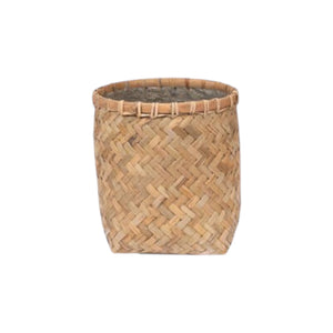 The PotteryPots Zayn Round Bamboo Planters feature a cylindrical, woven zigzag design in natural light-brown fibers, providing an eco-friendly touch as indoor plant pots. Shown against a white background.