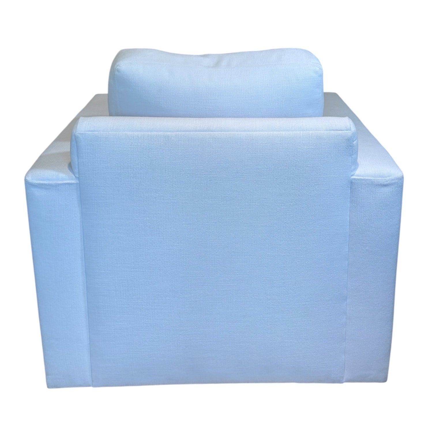 The Gregoire Swivel Chair by Verellen, shown in light blue upholstery with an 8-way hand-tied seat, is pictured from the back against a white background.