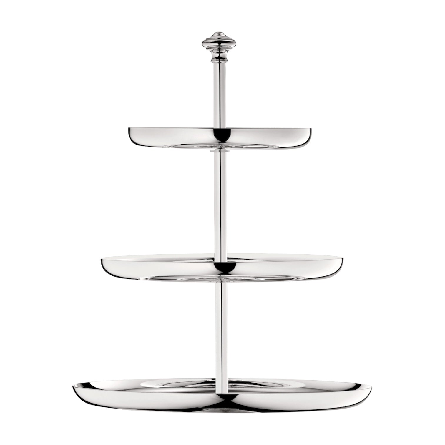 The Christofle Albi Silver Plated Three-Tier Dessert Stand showcases the classic Albi pattern with a central pole and graduated round plates, set against a white background.