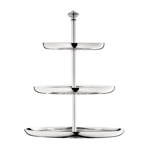 The Christofle Albi Silver Plated Three-Tier Dessert Stand showcases the classic Albi pattern with a central pole and graduated round plates, set against a white background.