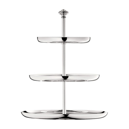The Christofle Albi Silver Plated Three-Tier Dessert Stand showcases the classic Albi pattern with a central pole and graduated round plates, set against a white background.