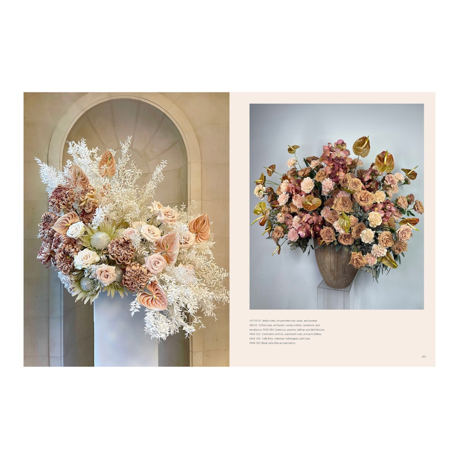 Two "Art of the Flower" arrangements by Common Ground: one with soft white and beige blooms, and a fuller display of pink, tan, and brown flowers in a gray vase inspired by Jeff Leatham’s iconic style.